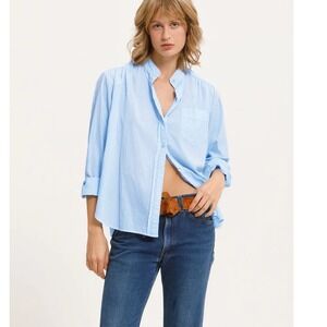 Cali by Cali Dreaming Ace Blue Cotton Band Collar Button Down Shirt Small